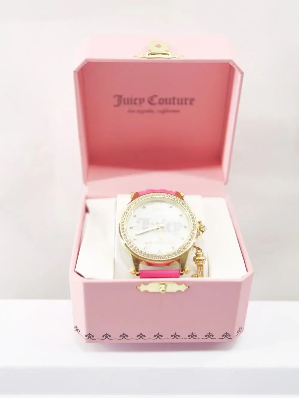 Juicy Couture Women Gold Tone Crystal Watch Hot Pink Heart Strap Hanging J Charm